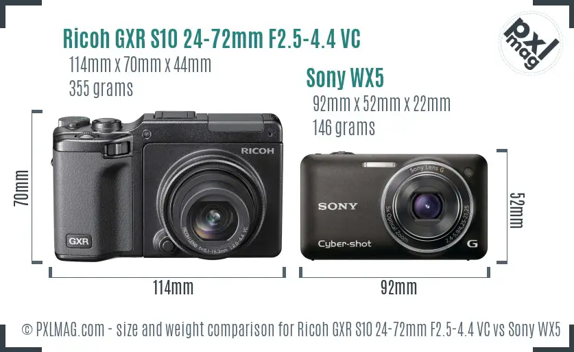 Ricoh GXR S10 24-72mm F2.5-4.4 VC vs Sony WX5 size comparison
