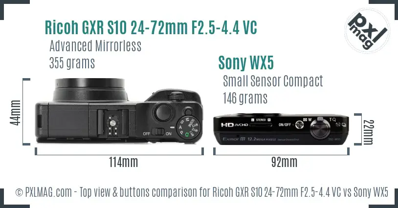 Ricoh GXR S10 24-72mm F2.5-4.4 VC vs Sony WX5 top view buttons comparison