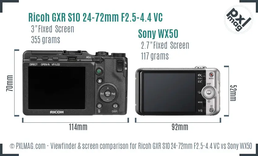 Ricoh GXR S10 24-72mm F2.5-4.4 VC vs Sony WX50 Screen and Viewfinder comparison