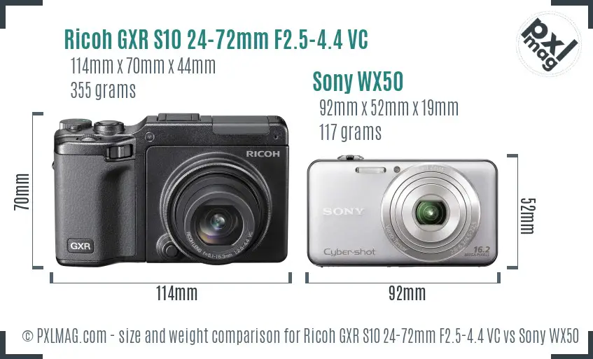 Ricoh GXR S10 24-72mm F2.5-4.4 VC vs Sony WX50 size comparison