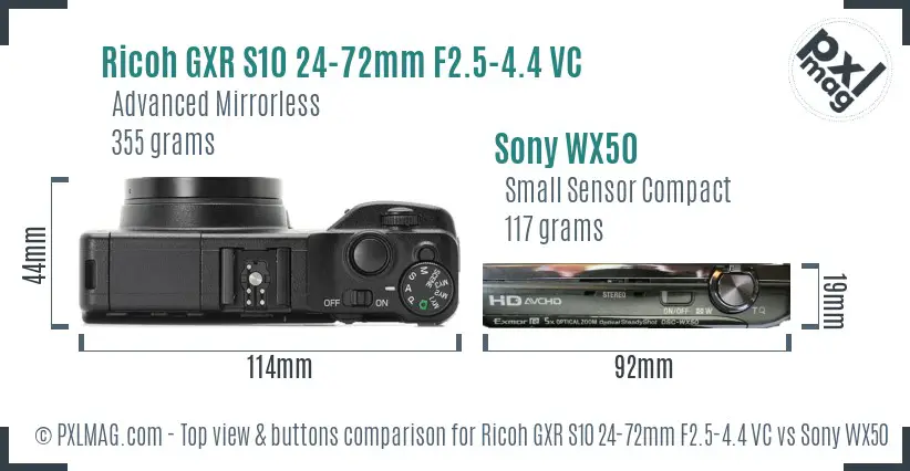 Ricoh GXR S10 24-72mm F2.5-4.4 VC vs Sony WX50 top view buttons comparison