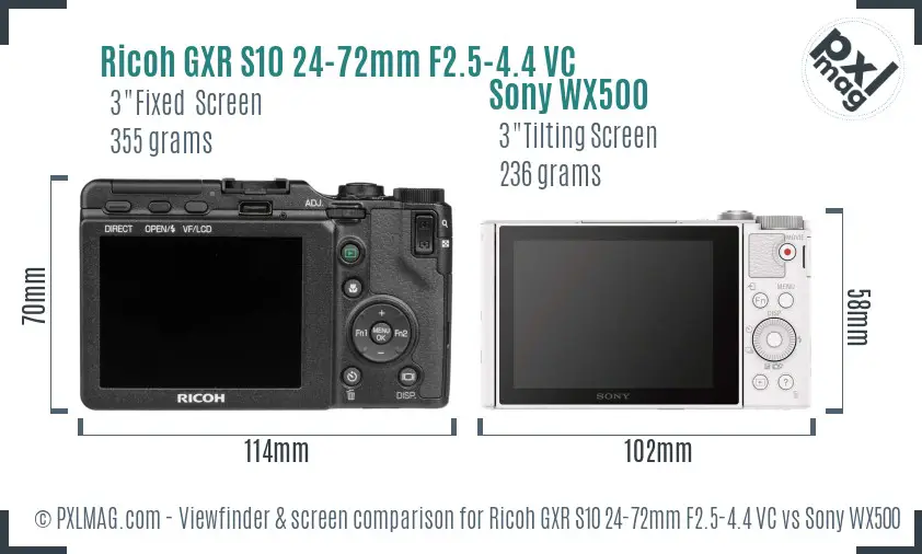 Ricoh GXR S10 24-72mm F2.5-4.4 VC vs Sony WX500 Screen and Viewfinder comparison