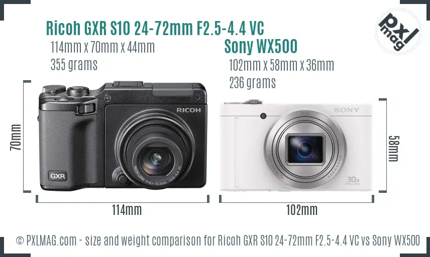 Ricoh GXR S10 24-72mm F2.5-4.4 VC vs Sony WX500 size comparison