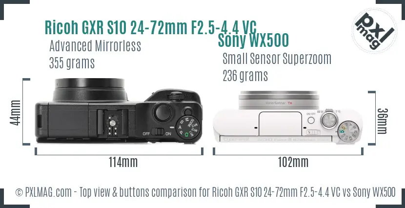 Ricoh GXR S10 24-72mm F2.5-4.4 VC vs Sony WX500 top view buttons comparison