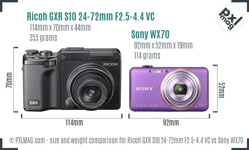 Ricoh GXR S10 24-72mm F2.5-4.4 VC vs Sony WX70 size comparison