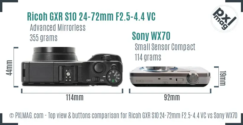 Ricoh GXR S10 24-72mm F2.5-4.4 VC vs Sony WX70 top view buttons comparison