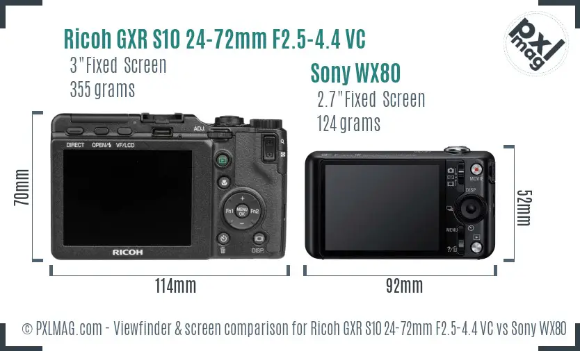 Ricoh GXR S10 24-72mm F2.5-4.4 VC vs Sony WX80 Screen and Viewfinder comparison