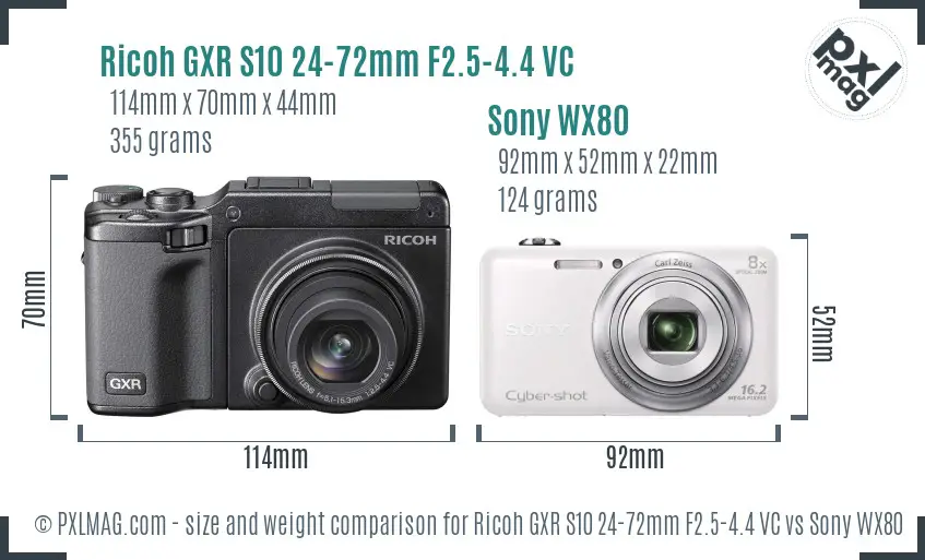 Ricoh GXR S10 24-72mm F2.5-4.4 VC vs Sony WX80 size comparison