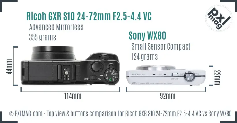 Ricoh GXR S10 24-72mm F2.5-4.4 VC vs Sony WX80 top view buttons comparison