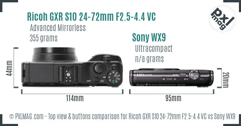 Ricoh GXR S10 24-72mm F2.5-4.4 VC vs Sony WX9 top view buttons comparison