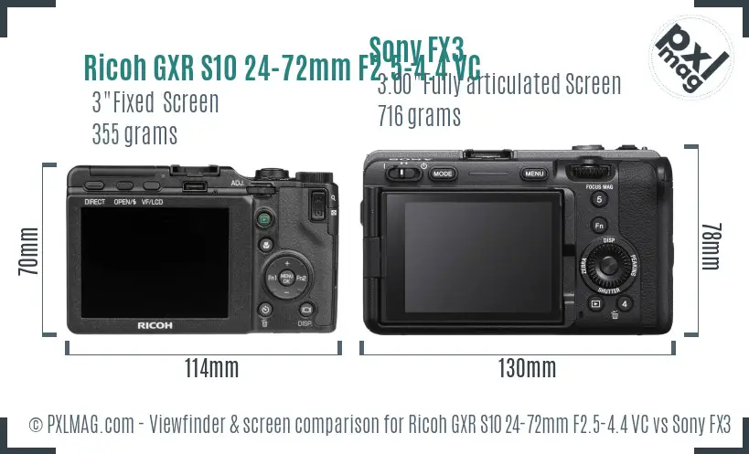 Ricoh GXR S10 24-72mm F2.5-4.4 VC vs Sony FX3 Screen and Viewfinder comparison
