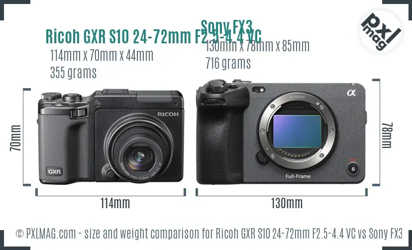 Ricoh GXR S10 24-72mm F2.5-4.4 VC vs Sony FX3 size comparison