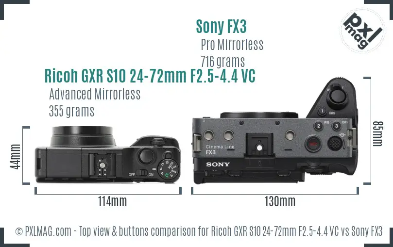 Ricoh GXR S10 24-72mm F2.5-4.4 VC vs Sony FX3 top view buttons comparison