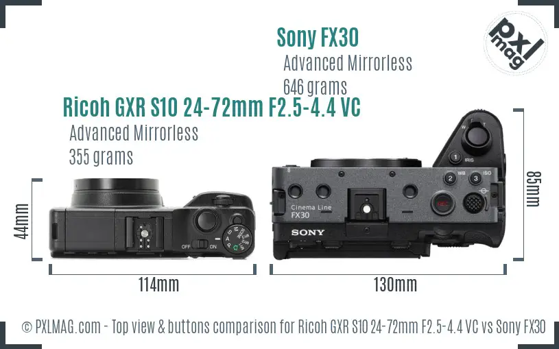 Ricoh GXR S10 24-72mm F2.5-4.4 VC vs Sony FX30 top view buttons comparison