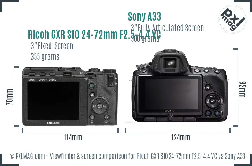 Ricoh GXR S10 24-72mm F2.5-4.4 VC vs Sony A33 Screen and Viewfinder comparison