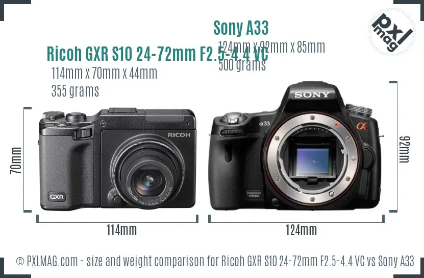 Ricoh GXR S10 24-72mm F2.5-4.4 VC vs Sony A33 size comparison