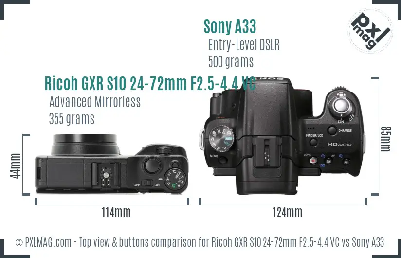 Ricoh GXR S10 24-72mm F2.5-4.4 VC vs Sony A33 top view buttons comparison