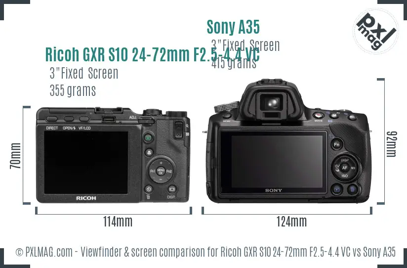 Ricoh GXR S10 24-72mm F2.5-4.4 VC vs Sony A35 Screen and Viewfinder comparison