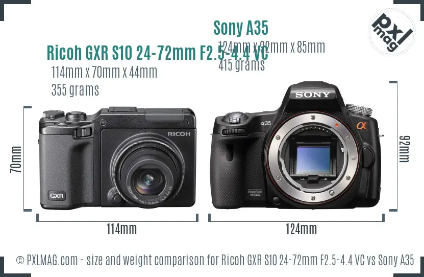 Ricoh GXR S10 24-72mm F2.5-4.4 VC vs Sony A35 size comparison