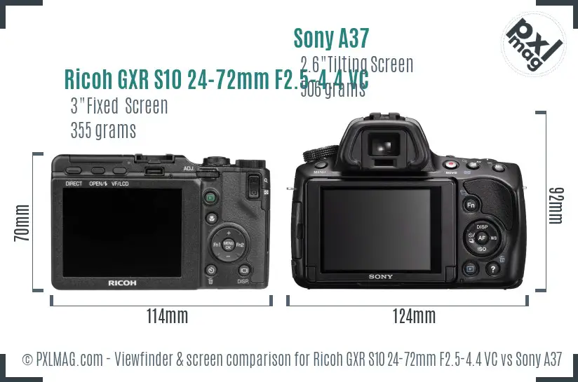 Ricoh GXR S10 24-72mm F2.5-4.4 VC vs Sony A37 Screen and Viewfinder comparison