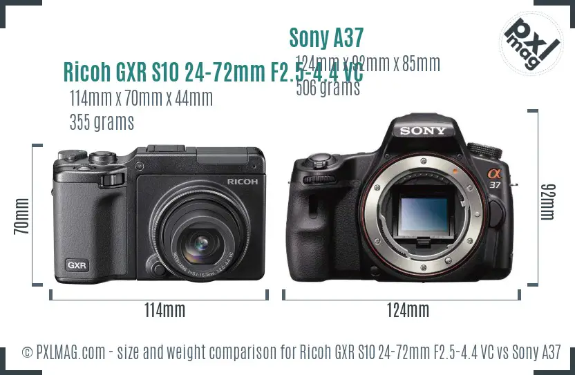 Ricoh GXR S10 24-72mm F2.5-4.4 VC vs Sony A37 size comparison