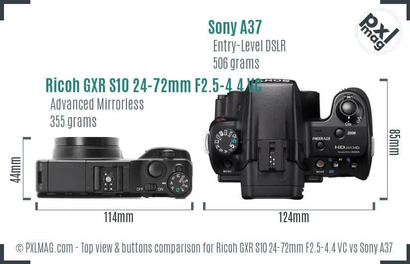Ricoh GXR S10 24-72mm F2.5-4.4 VC vs Sony A37 top view buttons comparison