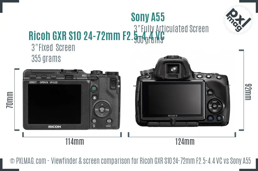 Ricoh GXR S10 24-72mm F2.5-4.4 VC vs Sony A55 Screen and Viewfinder comparison