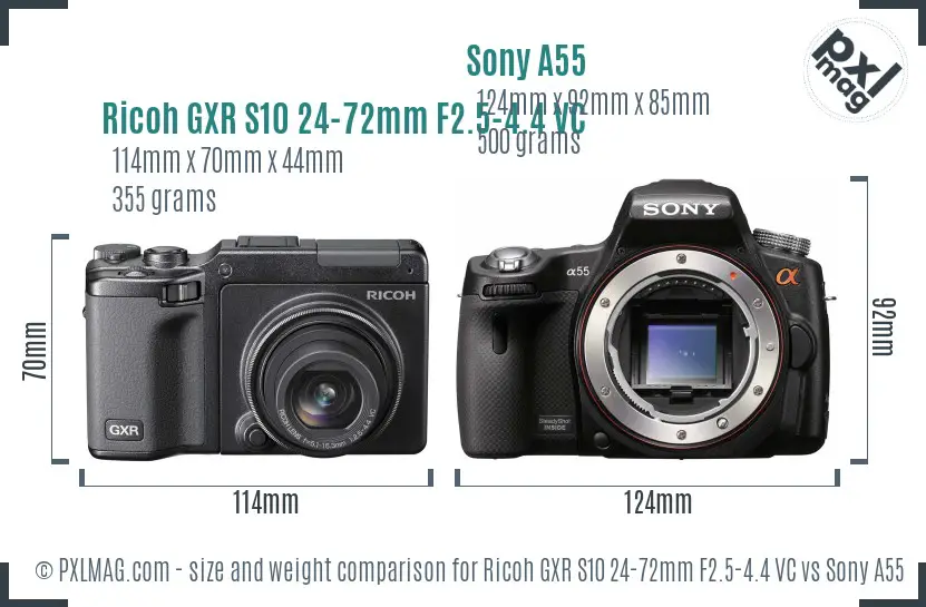 Ricoh GXR S10 24-72mm F2.5-4.4 VC vs Sony A55 size comparison