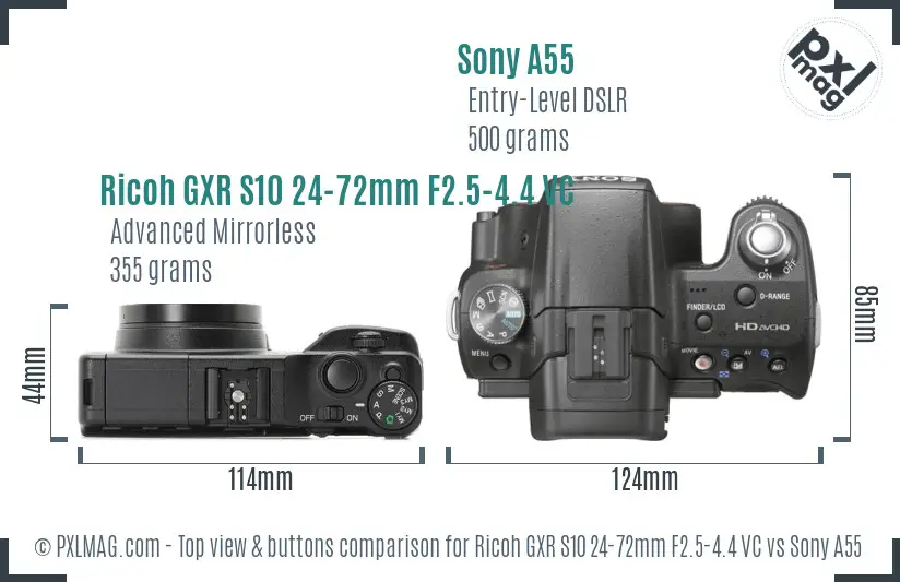Ricoh GXR S10 24-72mm F2.5-4.4 VC vs Sony A55 top view buttons comparison