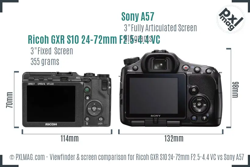 Ricoh GXR S10 24-72mm F2.5-4.4 VC vs Sony A57 Screen and Viewfinder comparison