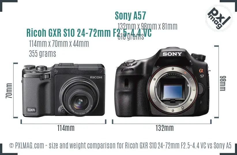 Ricoh GXR S10 24-72mm F2.5-4.4 VC vs Sony A57 size comparison