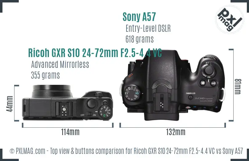 Ricoh GXR S10 24-72mm F2.5-4.4 VC vs Sony A57 top view buttons comparison
