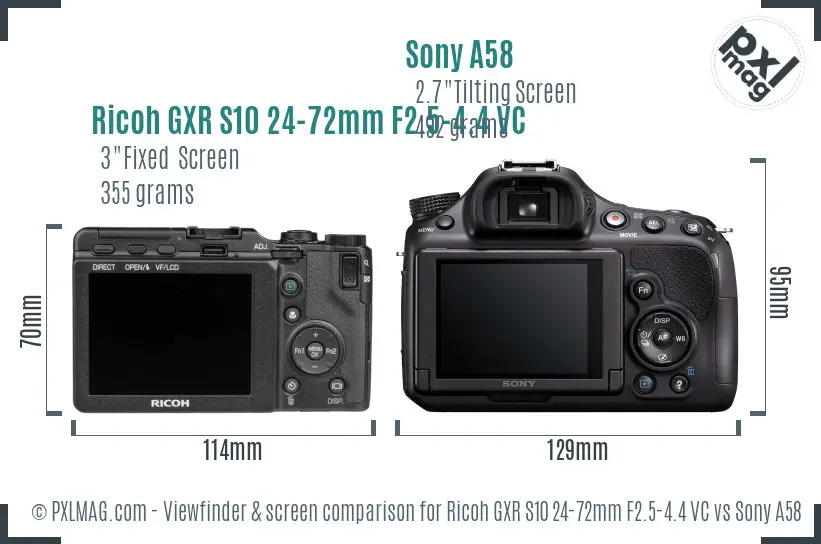 Ricoh GXR S10 24-72mm F2.5-4.4 VC vs Sony A58 Screen and Viewfinder comparison