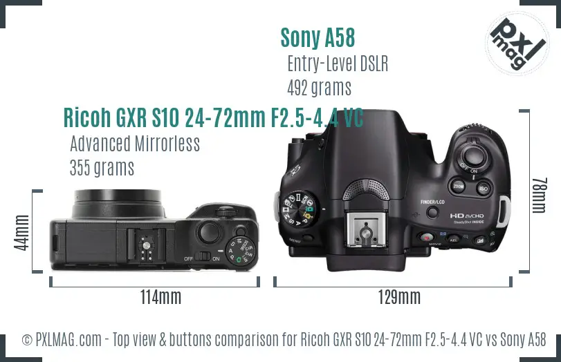 Ricoh GXR S10 24-72mm F2.5-4.4 VC vs Sony A58 top view buttons comparison