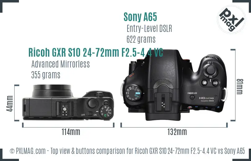 Ricoh GXR S10 24-72mm F2.5-4.4 VC vs Sony A65 top view buttons comparison