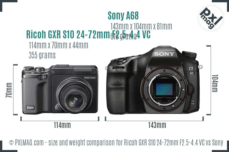 Ricoh GXR S10 24-72mm F2.5-4.4 VC vs Sony A68 size comparison