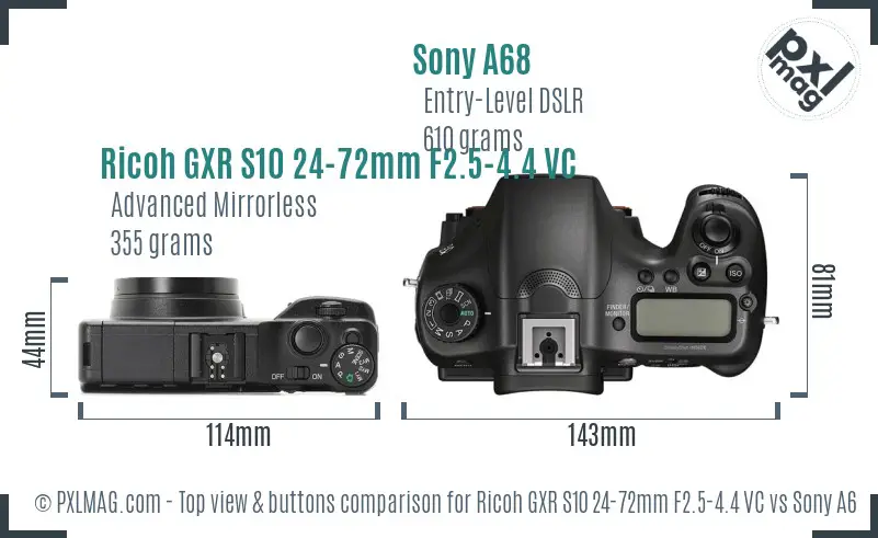Ricoh GXR S10 24-72mm F2.5-4.4 VC vs Sony A68 top view buttons comparison