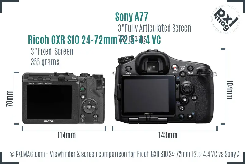 Ricoh GXR S10 24-72mm F2.5-4.4 VC vs Sony A77 Screen and Viewfinder comparison