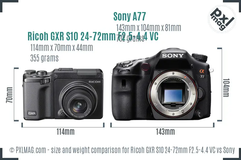 Ricoh GXR S10 24-72mm F2.5-4.4 VC vs Sony A77 size comparison