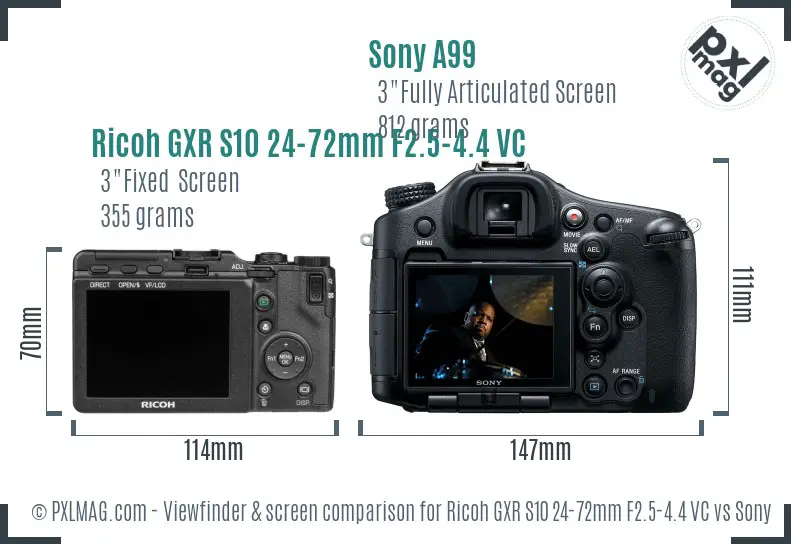 Ricoh GXR S10 24-72mm F2.5-4.4 VC vs Sony A99 Screen and Viewfinder comparison