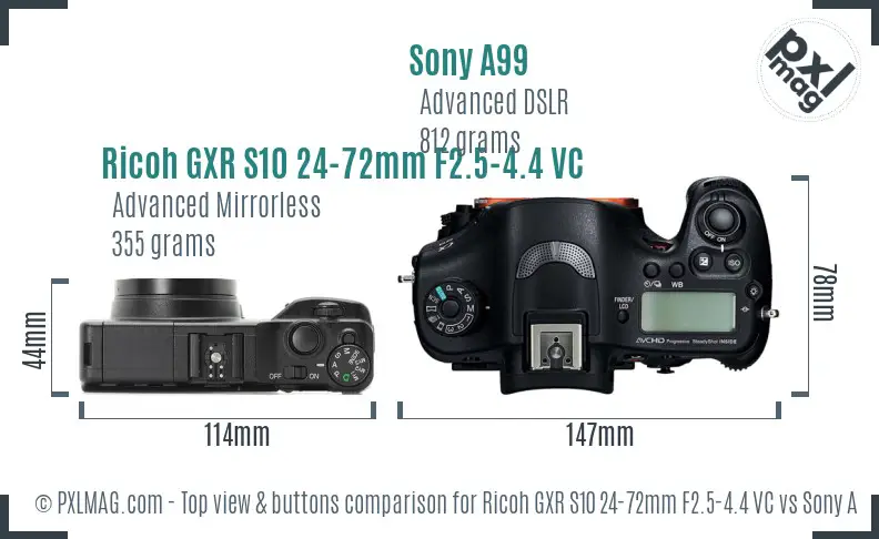 Ricoh GXR S10 24-72mm F2.5-4.4 VC vs Sony A99 top view buttons comparison