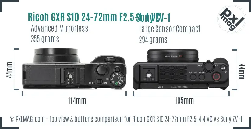 Ricoh GXR S10 24-72mm F2.5-4.4 VC vs Sony ZV-1 top view buttons comparison