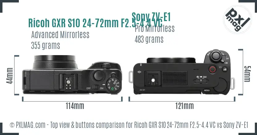 Ricoh GXR S10 24-72mm F2.5-4.4 VC vs Sony ZV-E1 top view buttons comparison