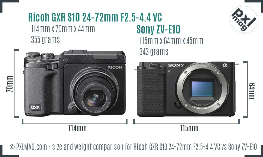 Ricoh GXR S10 24-72mm F2.5-4.4 VC vs Sony ZV-E10 size comparison