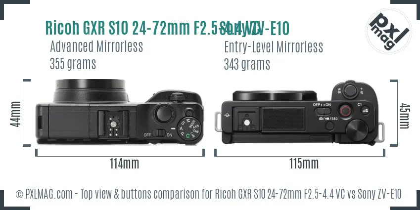 Ricoh GXR S10 24-72mm F2.5-4.4 VC vs Sony ZV-E10 top view buttons comparison