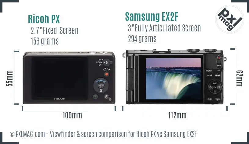 Ricoh PX vs Samsung EX2F Screen and Viewfinder comparison