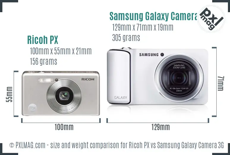Ricoh PX vs Samsung Galaxy Camera 3G size comparison