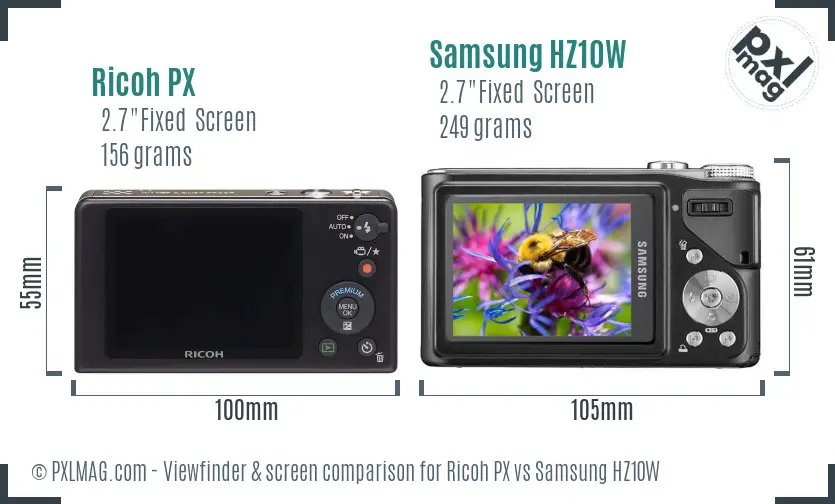 Ricoh PX vs Samsung HZ10W Screen and Viewfinder comparison