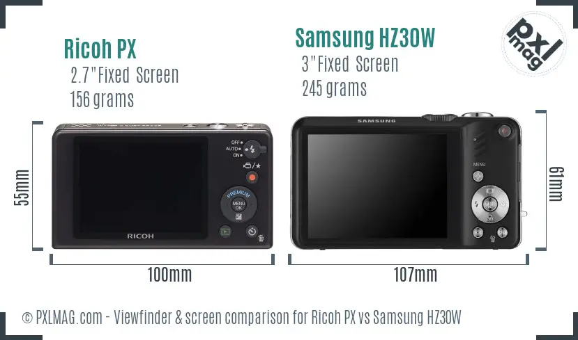 Ricoh PX vs Samsung HZ30W Screen and Viewfinder comparison