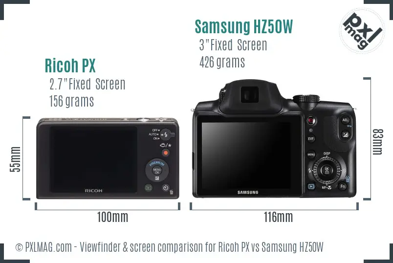 Ricoh PX vs Samsung HZ50W Screen and Viewfinder comparison
